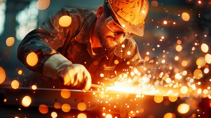 Iron fabricator using a blowtorch to fuse metal sheets, hyperrealistic flames and smoke, detailed workshop setting, cinematic lighting 8K , high-resolution, ultra HD,up32K HD