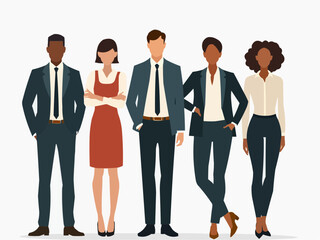 Obraz premium Vector illustration of group of business people standing. Diverse business people standing, men and women full length. Inclusive business concept. Vector illustration isolated on white background