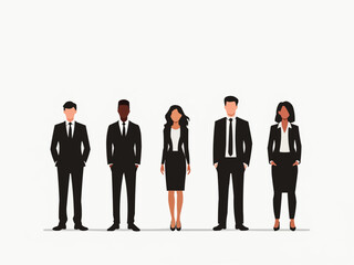 Vector illustration of group of business people standing. Diverse business people standing, men and women full length. Inclusive business concept. Vector illustration isolated on white background