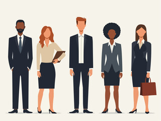 Vector illustration of group of business people standing. Diverse business people standing, men and women full length. Inclusive business concept. Vector illustration isolated on white background