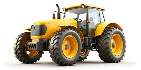 Obraz premium Vibrant 3D illustration of a tractor car icon, featuring a bright yellow vehicle with bold black rims and a sleek, modern design on a white background.