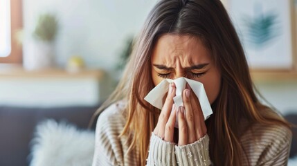 Woman with runny nose sneezes into tissue battling allergies or cold. Concept Health, Allergies, Cold, Runny Nose, Sneezing