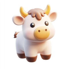 A cute white cow with brown spots and yellow horns