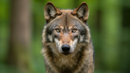 Obraz premium Lone Wolf in Forest Intense Gaze of Wild Predator in Lush Woodland for Wildlife and Nature Concepts