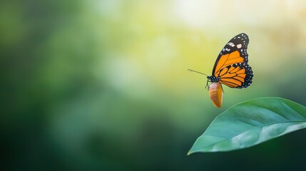 Obraz premium Monarch Butterfly and Chrysalis Close-Up of Butterfly Emergence on Leaf for Nature and Transformation Themes