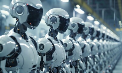 Advanced humanoid robots working alongside humans in a bustling factory, illustrating the integration of AI and automation in industrial settings
