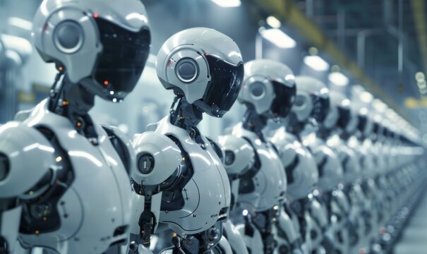 Advanced humanoid robots working alongside humans in a bustling factory, illustrating the integration of AI and automation in industrial settings