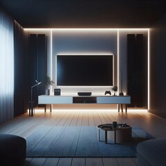 A minimalist gaming room with a sleek LED light bar mounted behind the TV for ambient lighting.