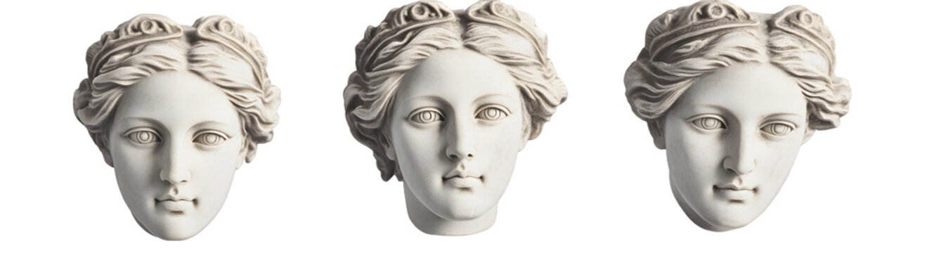 Collection of 3 face statues of Hera, goddess of marriage, transparent background