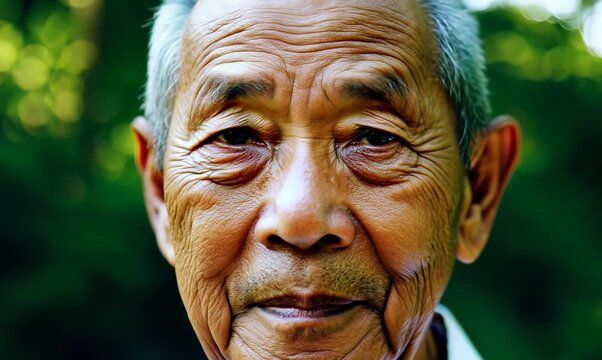 Medium shot portrait video of a Vietnamese man in his 80s against a forest background
