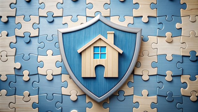 A secure home icon is surrounded by puzzle pieces and a shield, symbolizing mortgage protection and financial peace of mind for homeowners.