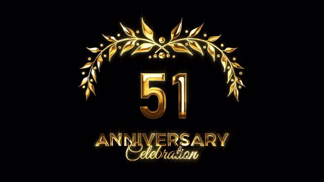 51st Anniversary Celebration. Happy 51 Years Anniversary Animation in Gold Color on the Transparent Background, Alpha Channel. Great for greetings, celebrations, events, and gifts.