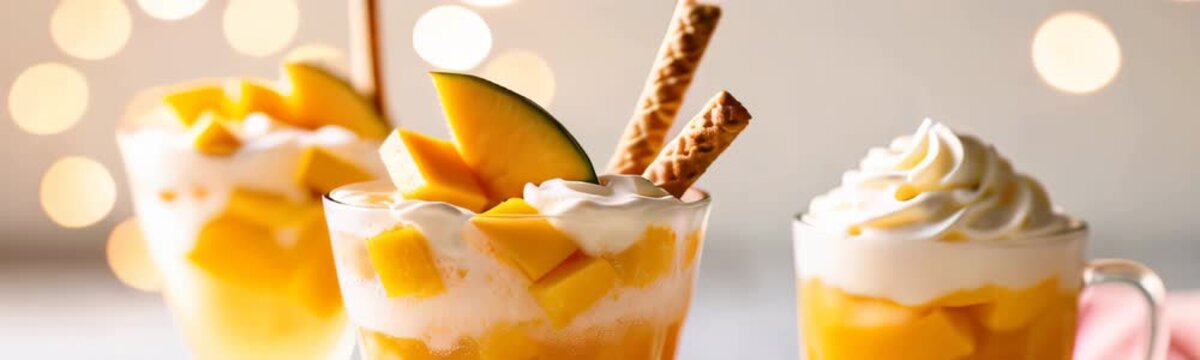 refreshing mango parfaits topped with whipped cream, fresh mango slices, and wafer sticks are presented against a soft warm bokeh background