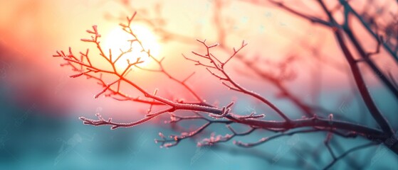 Intricate branches partially hidden by the glow of sundown, creating an obscure and enigmatic scene with soft, fading light 8K , high-resolution, ultra HD,up32K HD