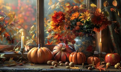 Cozy autumn tableau featuring pumpkins, apples, nuts, candles, and a vase adorned with vibrant fall blooms, capturing the essence of the harvest season