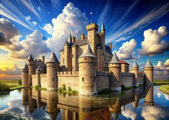 Fototapeta premium Majestic medieval castle with intricate stone walls, towers, and moat, set against a serene blue sky with fluffy white clouds, in stunning 3D detail.