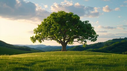 Obraz premium Majestic oak tree dominating the landscape, creating a profound feeling of grandeur and timelessness with its sprawling branches and lush foliage 8K , high-resolution, ultra HD,up32K HD