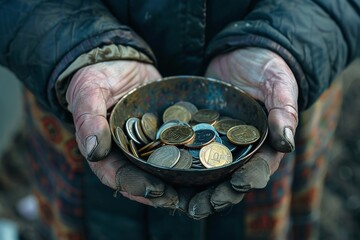 ai generative homeless hand holding a bowl of coins