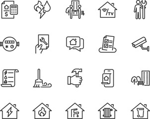 Vector set of public utilities line icons. Contains icons utility bills, plumber, water meters, video surveillance, cleaning, survey, neighborhood, house chat, request and more. Pixel perfect.