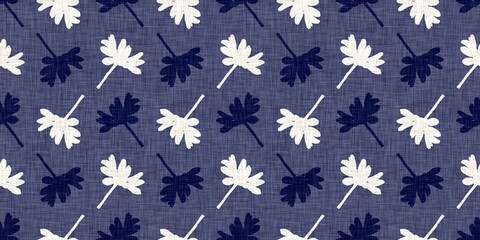 Indigo denim blue leaf motif seamless border. Japanese dye batik fabric style effect print edging swatch. 
