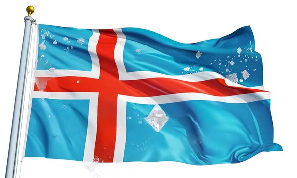 "Draw a whimsical version of the Icelandic flag with a geyser, a glacier, and a Viking ship sailing by."