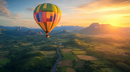 Obraz premium colorful hot air balloon flying lush green valley with a winding road and mountains in the background at sunrise embodying the ultimate bucket list lifestyle