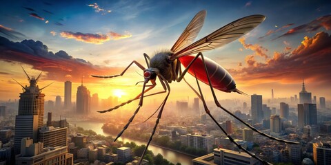 A mosquito-borne disease awareness illustration featuring a giant mosquito looming over a cityscape with red fever thermometers and broken limbs in the background.