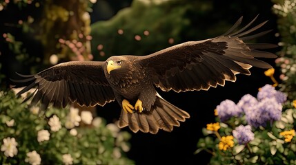 Fototapeta premium A hagedorn eagle spreads its wings wide while flying between two trees on a dark night, showcasing its majestic form against the black backdrop