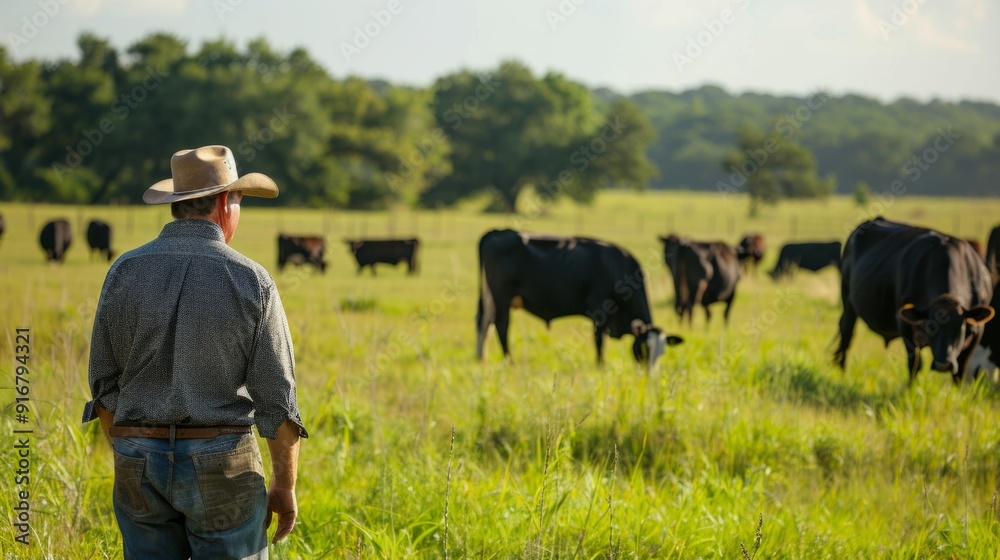 Poster a man in a cowboy hat stands in a field with cows
