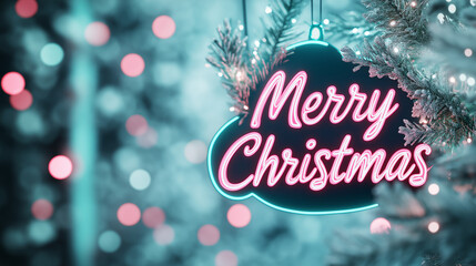 Merry Christmas text on ornament with blurred Christmas tree background