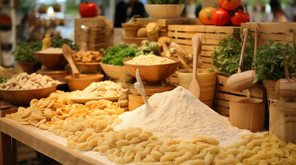 Gourmet Italian Pasta Ingredients And Fresh Produce Displayed In A Rustic Market Setting