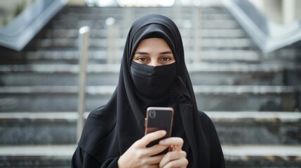 young modern muslim business woman using smartphone wearing hijab clothes