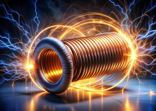 Coils of wire wrapped around a central iron core, emitting a radiant glow, illustrate the fundamental principles of electromagnetism and electromagnetic induction.