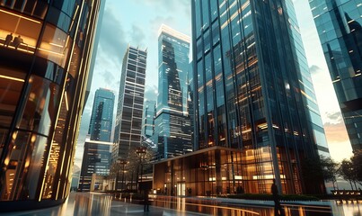 Dynamic financial hub with sleek glass facades and towering heights