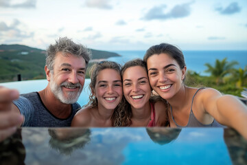 Obraz premium Happy family taking a selfie by the pool on vacation.