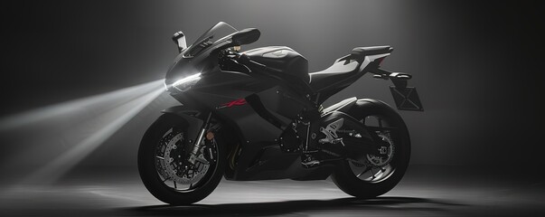 A sleek, black motorcycle with a powerful engine, gleaming under a spotlight. This image evokes speed, adrenaline, and freedom.