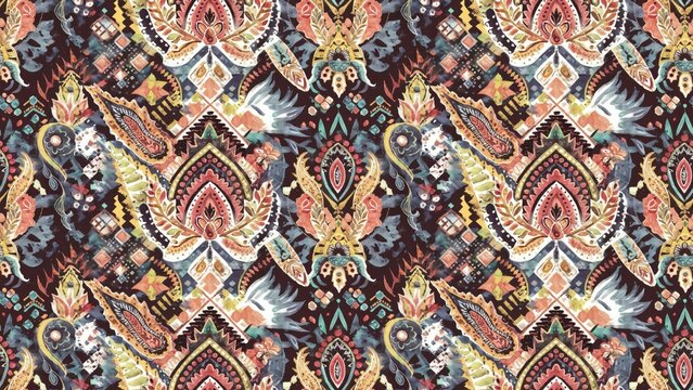 Ajrakh pattern featuring abstract design in watercolor damask style incorporating digital floral and geometric elements allover paisley ikat influences and ethnic batik inspired tex