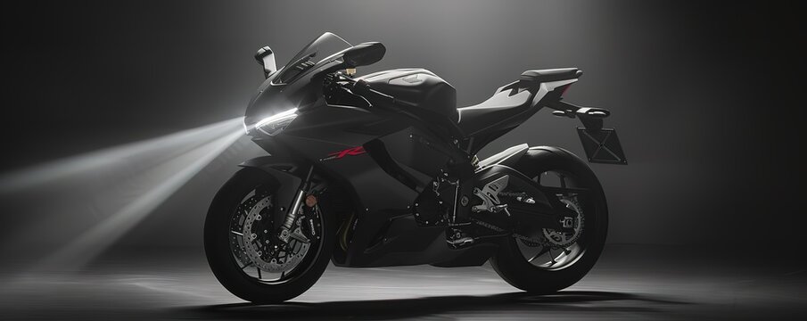 A sleek, black motorcycle with a powerful engine, gleaming under a spotlight. This image evokes speed, adrenaline, and freedom.