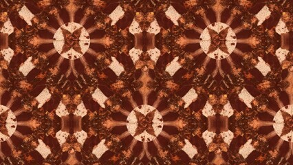 Naklejka premium A kaleidoscope pattern created by lines and spots of natural stone texture showcasing stunning natural designs and textures of brown and white mineral slices featuring a mirror effe