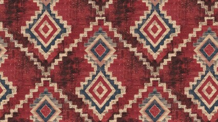 Boho style red carpet bathmat and rug featuring an ethnic design pattern with distressed texture showcasing a diamond geometric kilim ikat motif with grunge effect