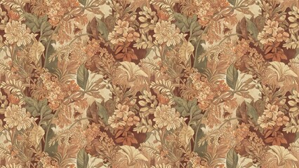 Antique pattern featuring flowers and leaves in muted tones