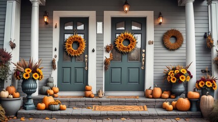 Obraz premium Fall Decorated Porch with Pumpkins and Sunflowers