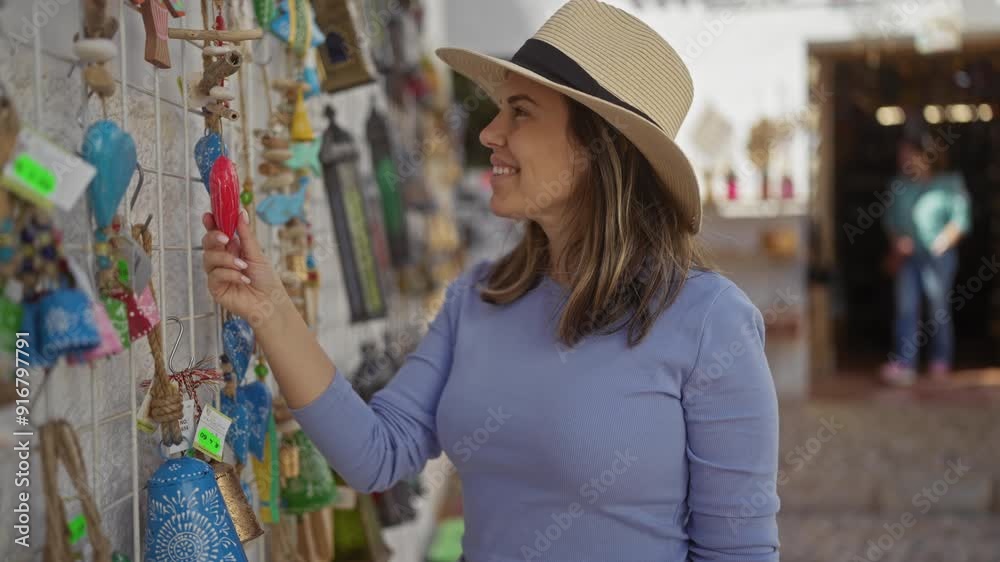 Wall mural Smiling woman shopping for souvenirs in a sunny guadalest street market, spain