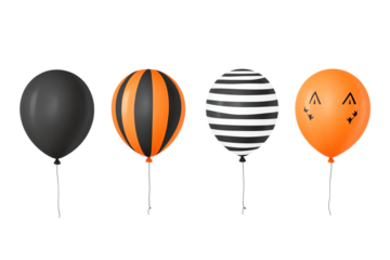 Colorful Halloween balloons in black, orange, and striped designs perfect for festive decorations and parties.