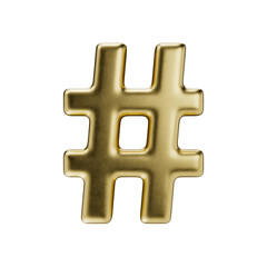 Obraz premium Hashtag sign. Typography mark isolated on a transparent background. 3D render of a mark in golden with a matte texture.