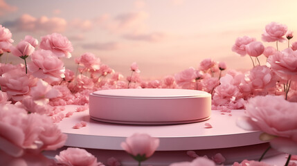 3D rendering Pink podium and roses blossom background for product presentation AI Generated