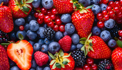 Obraz premium Different ripe fruits and berries as background, top view