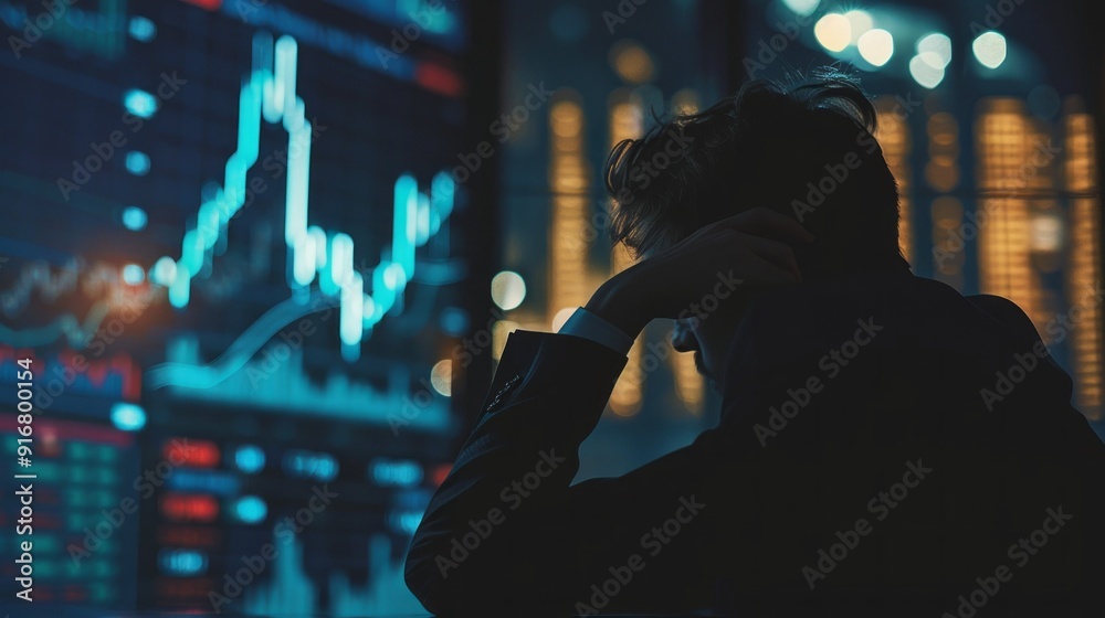 Poster A man is looking at a computer screen with a lot of numbers and graphs