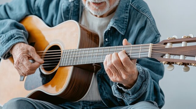 Close-up Elderly man playing guitar and singing with a group of friends at a senior community center, celebrating International Day of Older Persons with music and joy, copy space for text,