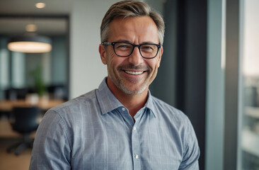 professional businessman smiling in office wearing glasses